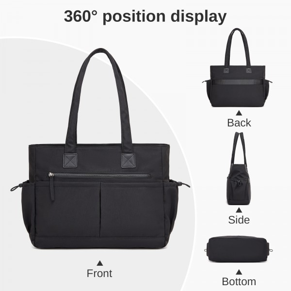 HBM2611 - Miss Lulu Chic Roomy Ladies Shoulder Tote Bag, with 15.6-inch Laptop Sleeve and Luggage Strap for Daily Use - Black