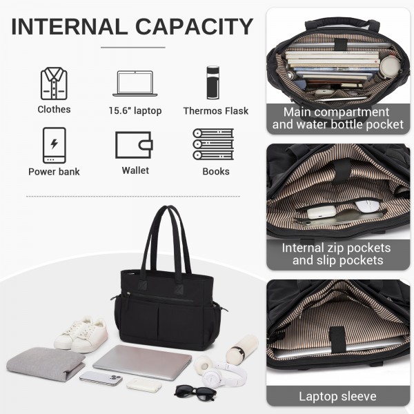 HBM2611 - Miss Lulu Chic Roomy Ladies Shoulder Tote Bag, with 15.6-inch Laptop Sleeve and Luggage Strap for Daily Use - Black