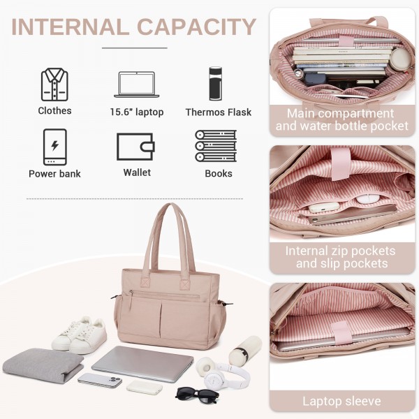 HBM2611 - Miss Lulu Schicker geräumiger Damen-Schultertasche-Tote mit 15,6-Zoll-Laptophülle und Gepäckgurt für den Alltag - Rosa