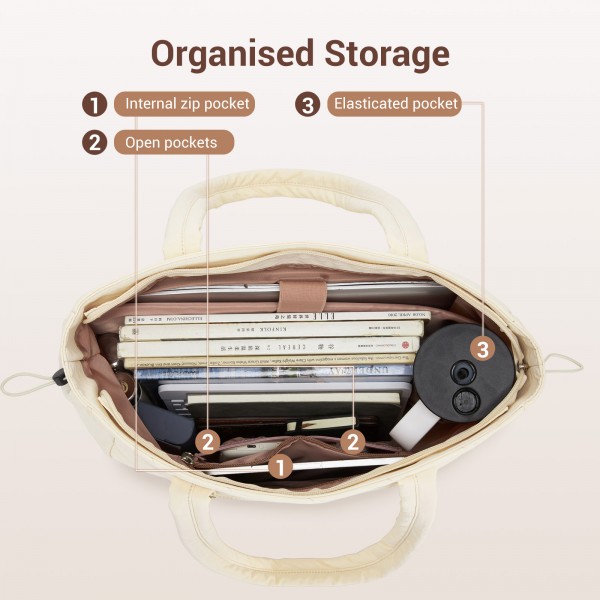 HBM2612 - Miss Lulu Minimalistische Langlebige Umhängetasche für Arbeit, Schule & Reisen mit Laptopfach und Mehreren Taschen - Beige