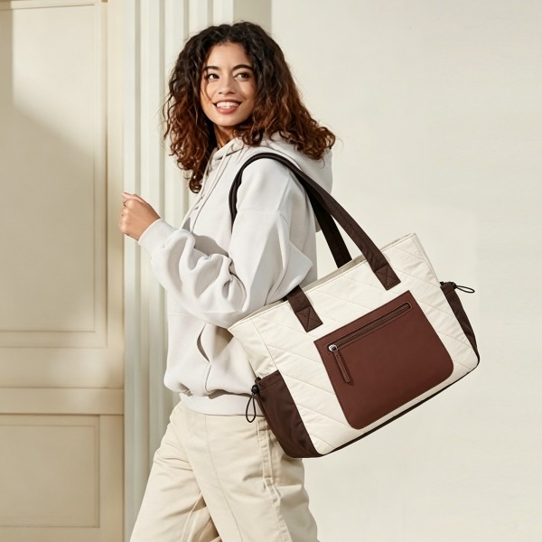 HBM2612 - Miss Lulu Minimalistische Langlebige Umhängetasche für Arbeit, Schule & Reisen mit Laptopfach und Mehreren Taschen - Beige und Braun