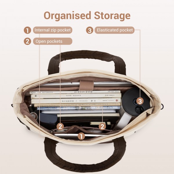 HBM2612 - Miss Lulu Minimalistische Langlebige Umhängetasche für Arbeit, Schule & Reisen mit Laptopfach und Mehreren Taschen - Beige und Braun