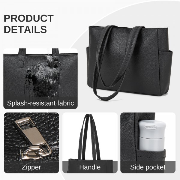 HBM2618 - Miss Lulu Women’s Large Capacity PVC Tote Bag, 13‑inch Tablet Compartment, Commute & Shopping Handbag - Black
