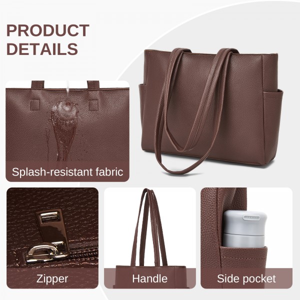 HBM2618 - Miss Lulu Women’s Large Capacity PVC Tote Bag, 13‑inch Tablet Compartment, Commute & Shopping Handbag - Brown