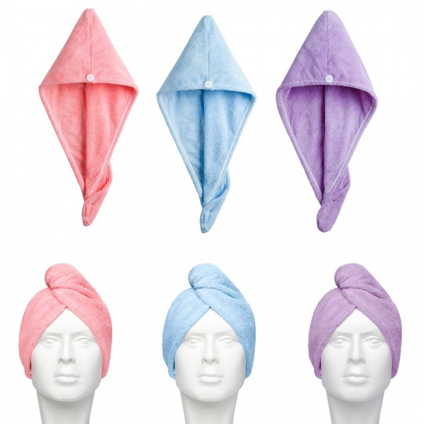 Hair Turban - 3 Pack Absorbent Microfibre Hair Turban With Button Design
