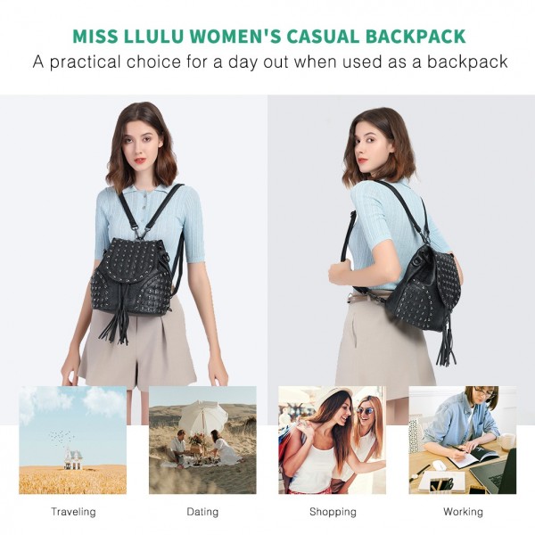 L1414 - Miss Lulu Totenkopf-Nieten Rucksack Schultertasche - Schwarz
