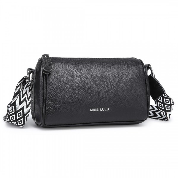 L2309 - Miss Lulu Lightweight Wide Strap Genuine Leather Crossbody Bag - Black