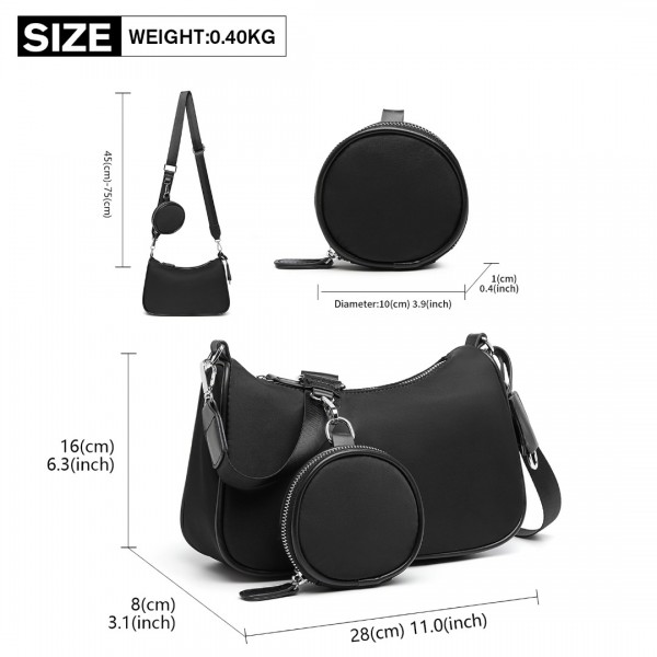 LB2060 - Miss Lulu Cross-Body Handbag with a Detachable Pouch - Black