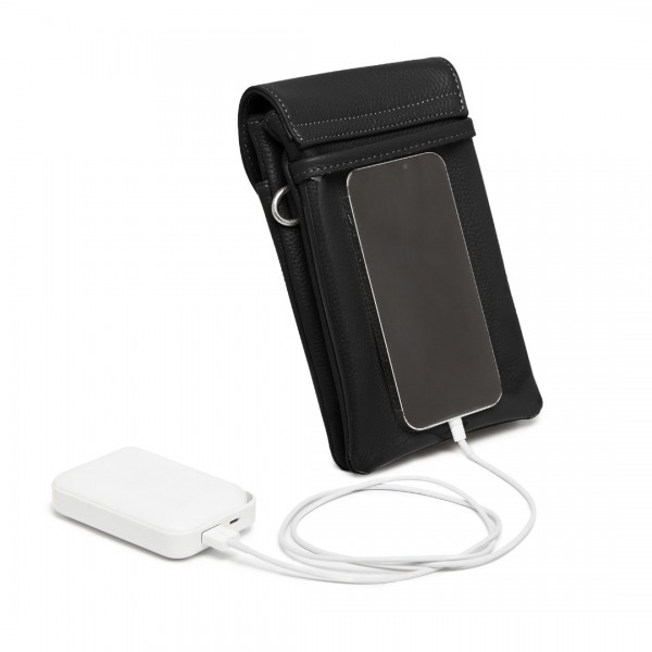 LB2140 - Miss Lulu Touch Screen Genuine Leather Small Crossbody Bag - Black