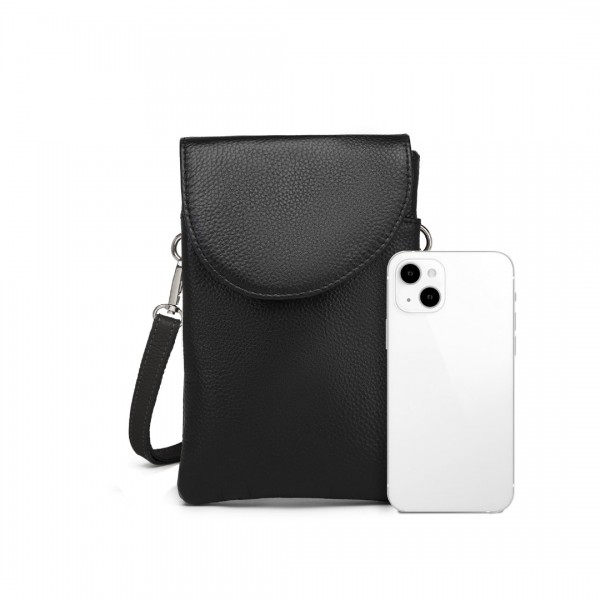 LB2140 - Miss Lulu Touch Screen Genuine Leather Small Crossbody Bag - Black