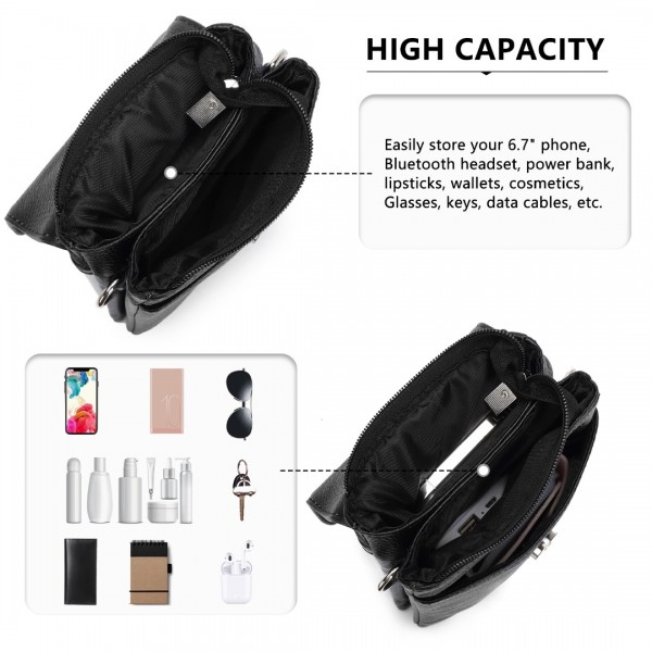 LB2140 - Miss Lulu Touch Screen Genuine Leather Small Crossbody Bag - Black