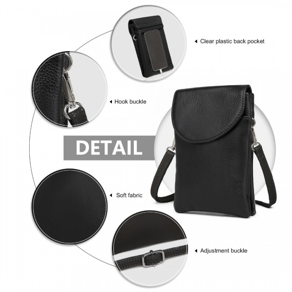 LB2140 - Miss Lulu Touch Screen Genuine Leather Small Crossbody Bag - Black