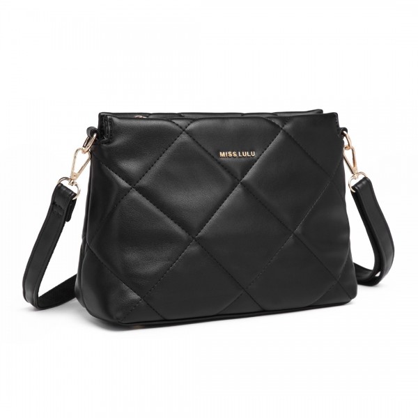 LB2237 - Miss Lulu PU Leather Rhombus Shoulder Bag - Black