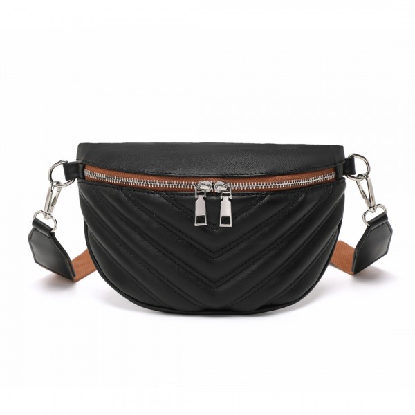 LB2307 - Miss Lulu Wide Strap Bum Bag Lightweight Adjustable Waist Bag - Black And Brown