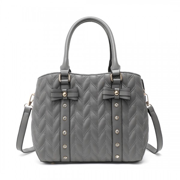 LB2341 - Miss Lulu Chic Quilted PU Leather Tote Handbag With Bow Accents - Grey