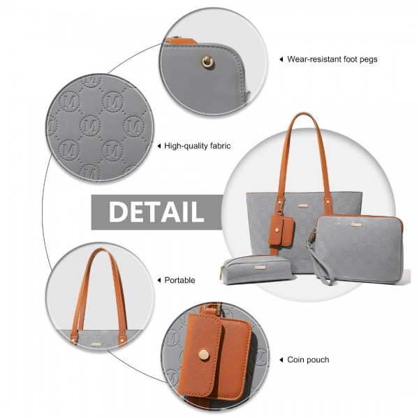 LD2217 - Miss Lulu 4 Pieces Glossy Leather Tote Bag Set - Grey And Brown