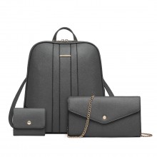 LD2249 - Miss Lulu 3 Piece Elegant Leather Backpack Set - Grey