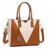LG1641 - Miss Lulu Leather Look V-Shape Shoulder Handbag - Brown And Beige