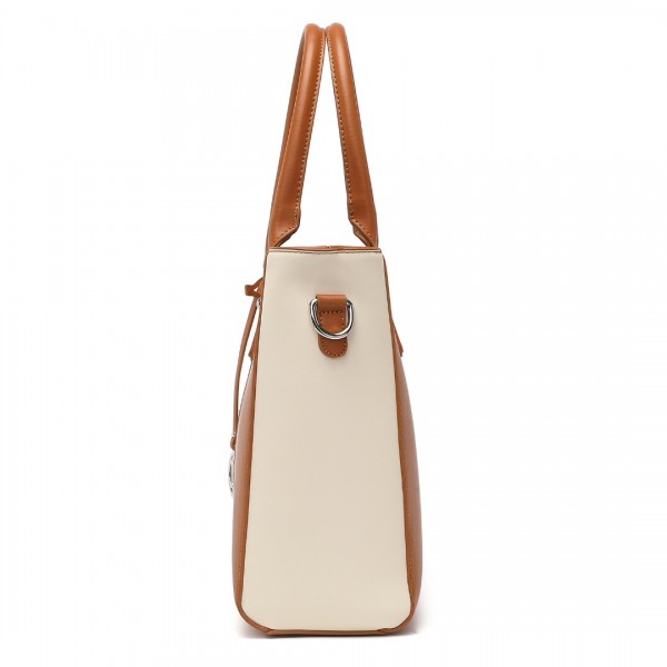 LG1641 - Miss Lulu Leather Look V-Shape Shoulder Handbag - Brown And Beige