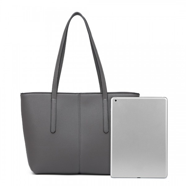 LG2062 - Miss Lulu Leather Look Simple Casual Tote Bag - Grey
