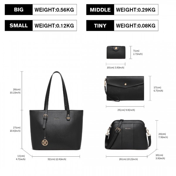 LG2110 - Miss Lulu 4-teiliges klassisches schlankes Handtaschen-Set - Schwarz