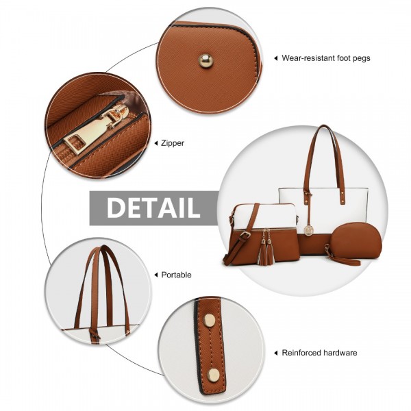 LG2023 - Miss Lulu Conjunto de bolso tote de 3 piezas con aspecto de cuero - Beis y marrón