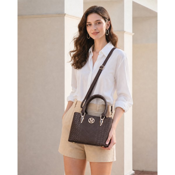LG6865 - Miss Lulu Leather Look Weave Effect Shoulder Bag - Coffee