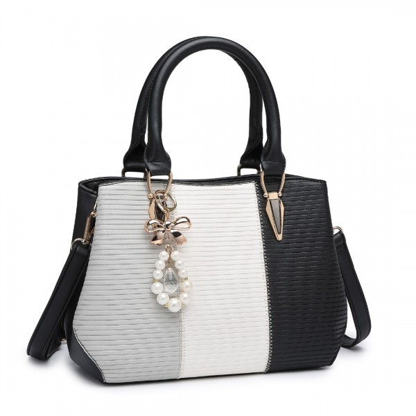 LG6866 - Miss Lulu Handtasche mit Schleifenanhänger und Farbblock in Lederoptik - Schwarz