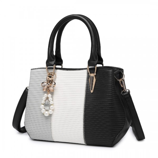 LG6866 - Miss Lulu Handtasche mit Schleifenanhänger und Farbblock in Lederoptik - Schwarz