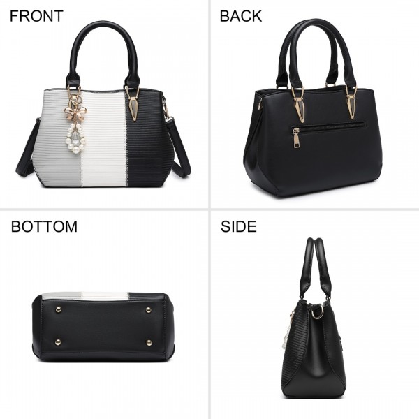 LG6866 - Miss Lulu Handtasche mit Schleifenanhänger und Farbblock in Lederoptik - Schwarz