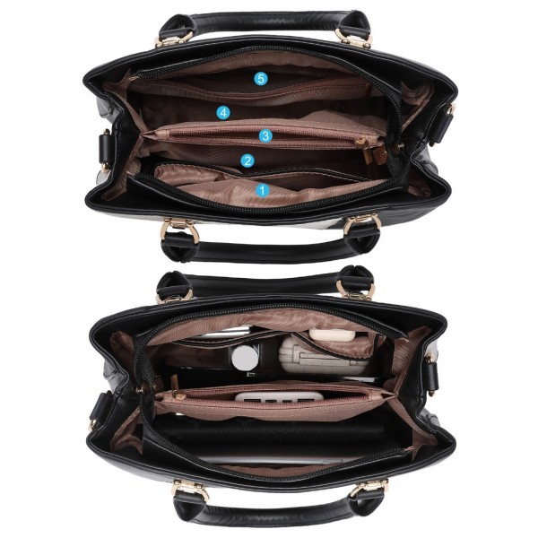 LG6866 - Miss Lulu Handtasche mit Schleifenanhänger und Farbblock in Lederoptik - Schwarz