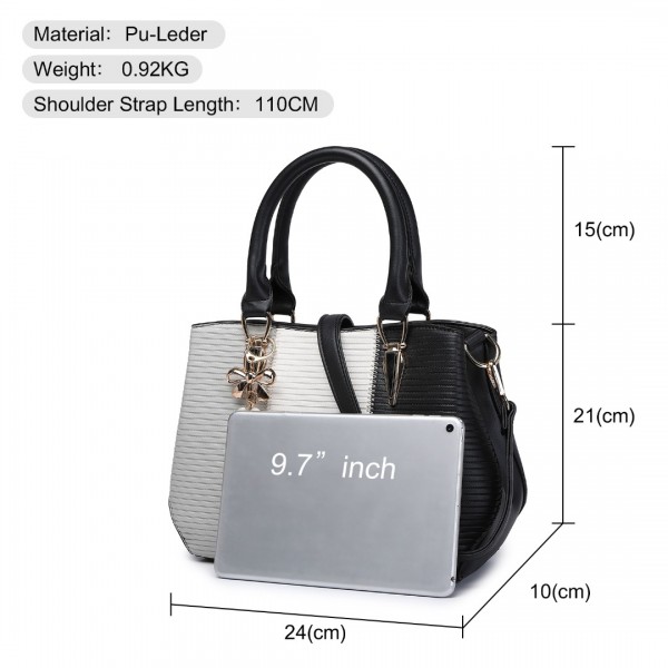 LG6866 - Miss Lulu Handtasche mit Schleifenanhänger und Farbblock in Lederoptik - Schwarz
