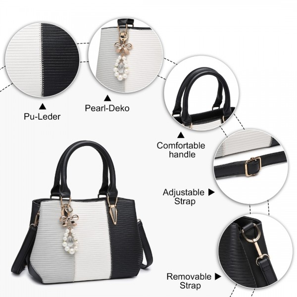 LG6866 - Miss Lulu Handtasche mit Schleifenanhänger und Farbblock in Lederoptik - Schwarz