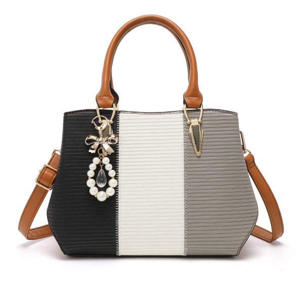 LG6866 - Miss Lulu Handtasche mit Schleifenanhänger und Farbblock in Lederoptik - Braun und Grau