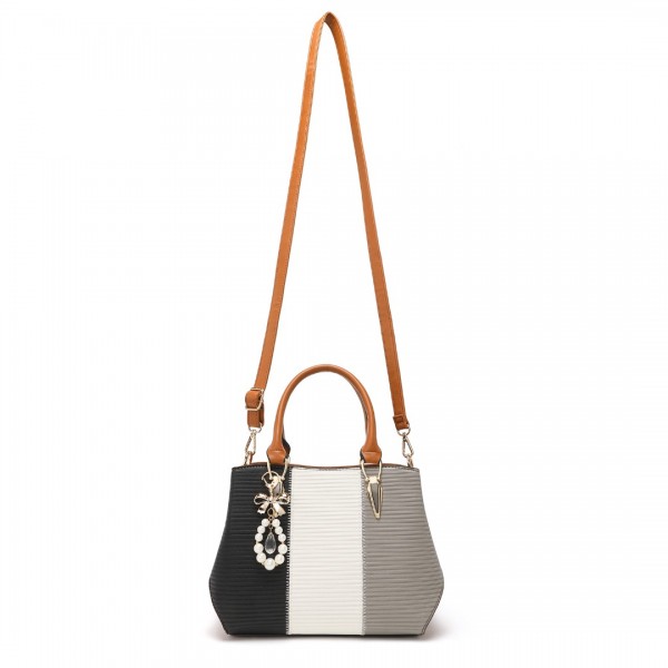 LG6866 - Miss Lulu Handtasche mit Schleifenanhänger und Farbblock in Lederoptik - Braun und Grau
