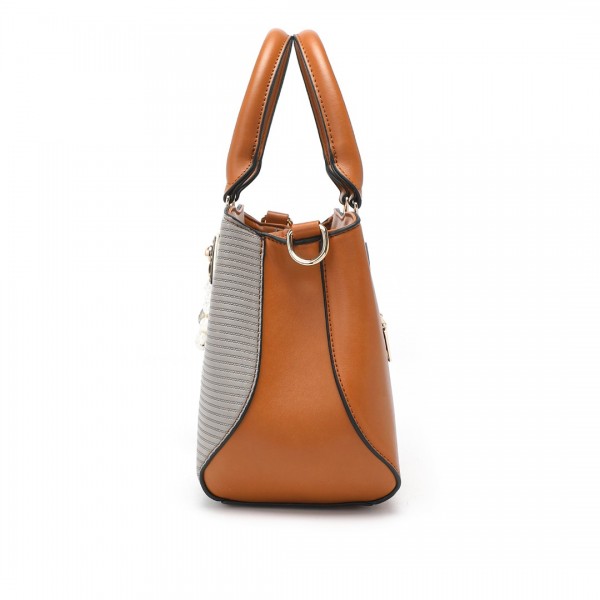 LG6866 - Miss Lulu Handtasche mit Schleifenanhänger und Farbblock in Lederoptik - Braun und Grau