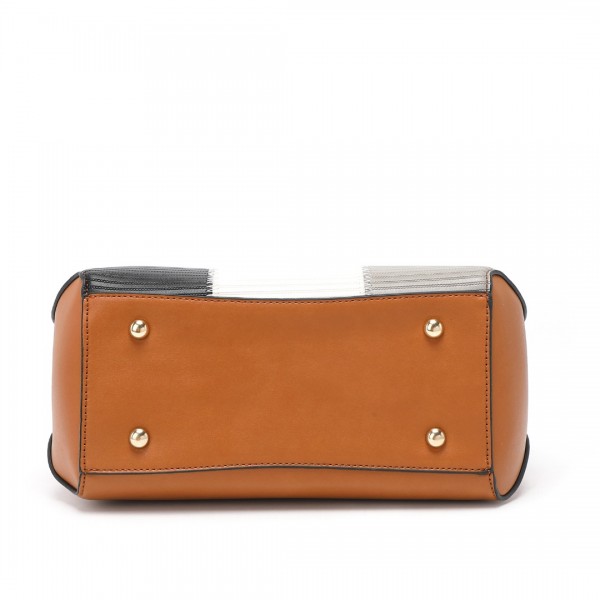 LG6866 - Miss Lulu Handtasche mit Schleifenanhänger und Farbblock in Lederoptik - Braun und Grau