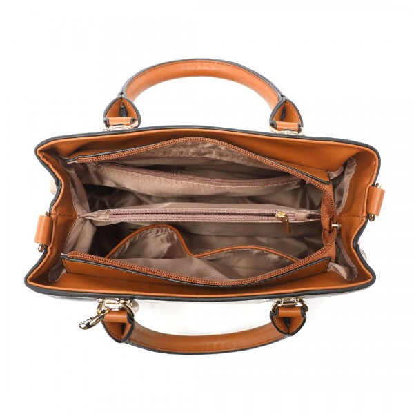 LG6866 - Miss Lulu Handtasche mit Schleifenanhänger und Farbblock in Lederoptik - Braun und Grau