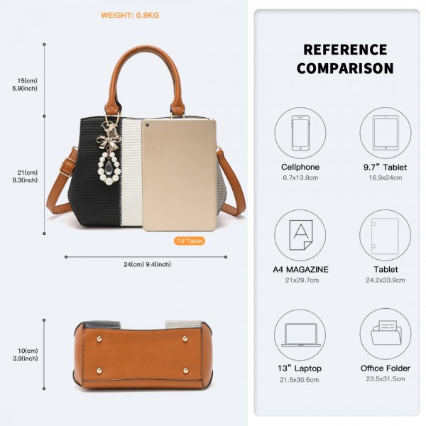 LG6866 - Miss Lulu Handtasche mit Schleifenanhänger und Farbblock in Lederoptik - Braun und Grau