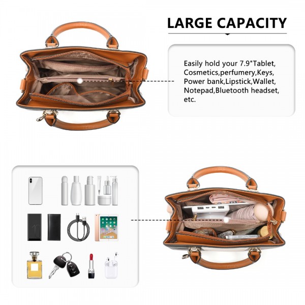 LG6866 - Miss Lulu Handtasche mit Schleifenanhänger und Farbblock in Lederoptik - Braun und Grau
