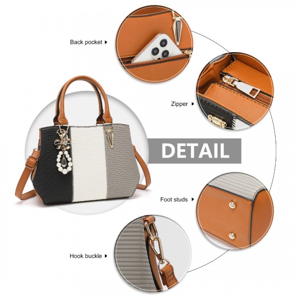 LG6866 - Miss Lulu Handtasche mit Schleifenanhänger und Farbblock in Lederoptik - Braun und Grau