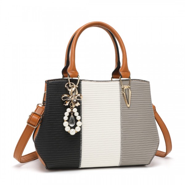 LG6866 - Miss Lulu Handtasche mit Schleifenanhänger und Farbblock in Lederoptik - Braun und Grau