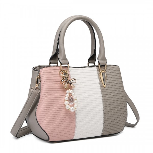 LG6866 - Miss Lulu Handtasche mit Schleifenanhänger und Farbblock in Lederoptik - Grau