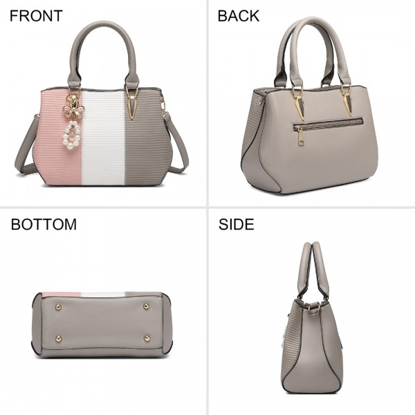 LG6866 - Miss Lulu Handtasche mit Schleifenanhänger und Farbblock in Lederoptik - Grau