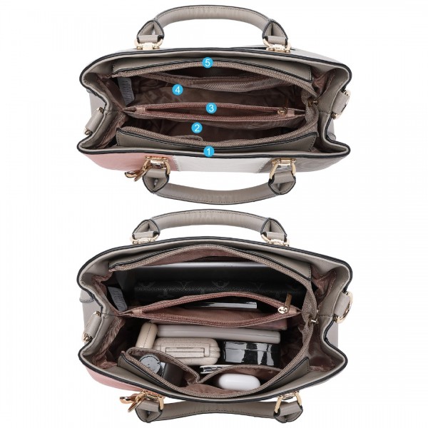 LG6866 - Miss Lulu Handtasche mit Schleifenanhänger und Farbblock in Lederoptik - Grau
