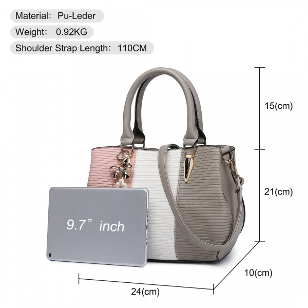 LG6866 - Miss Lulu Handtasche mit Schleifenanhänger und Farbblock in Lederoptik - Grau