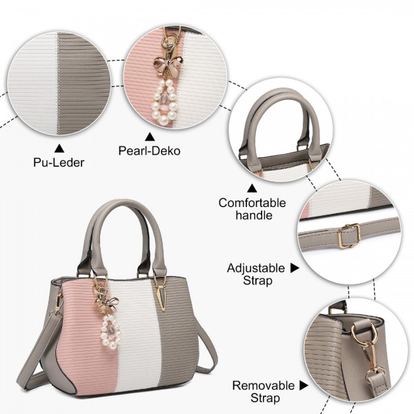 LG6866 - Miss Lulu Handtasche mit Schleifenanhänger und Farbblock in Lederoptik - Grau