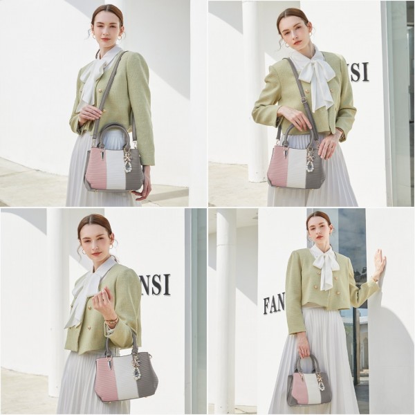LG6866 - Miss Lulu Handtasche mit Schleifenanhänger und Farbblock in Lederoptik - Grau