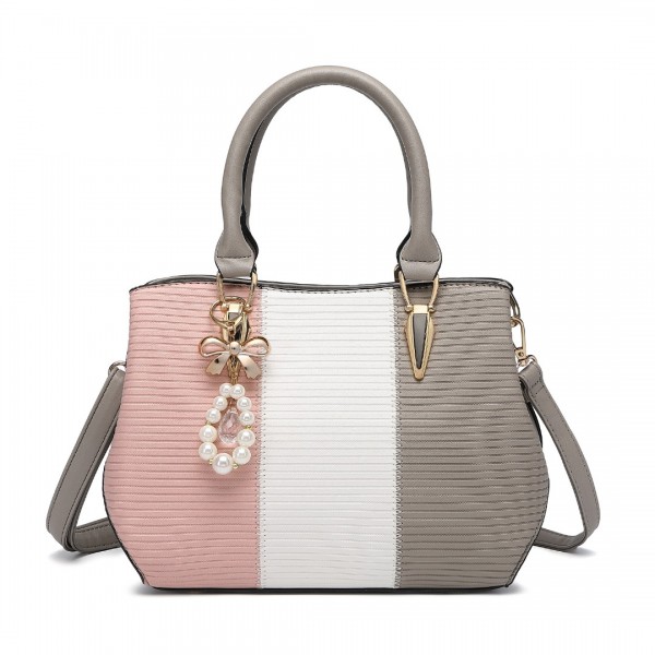 LG6866 - Miss Lulu Handtasche mit Schleifenanhänger und Farbblock in Lederoptik - Grau