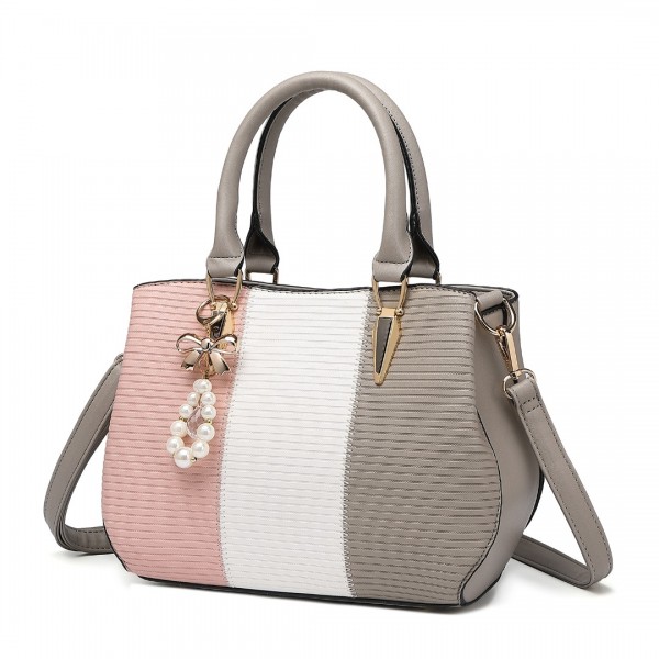 LG6866 - Miss Lulu Handtasche mit Schleifenanhänger und Farbblock in Lederoptik - Grau